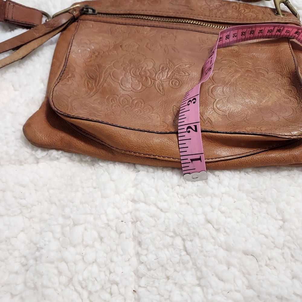 Fossil Sasha Floral Tooled Stitched British Tan Leather Crossbody Bag Boho - Picture 15 of 16